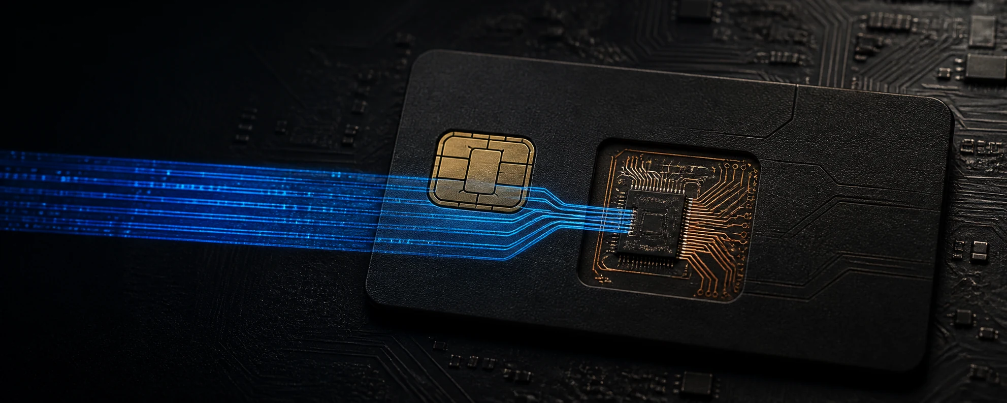 A black smartcard with a gold contact chip as wide blue data lanes narrow into the card's tiny processor