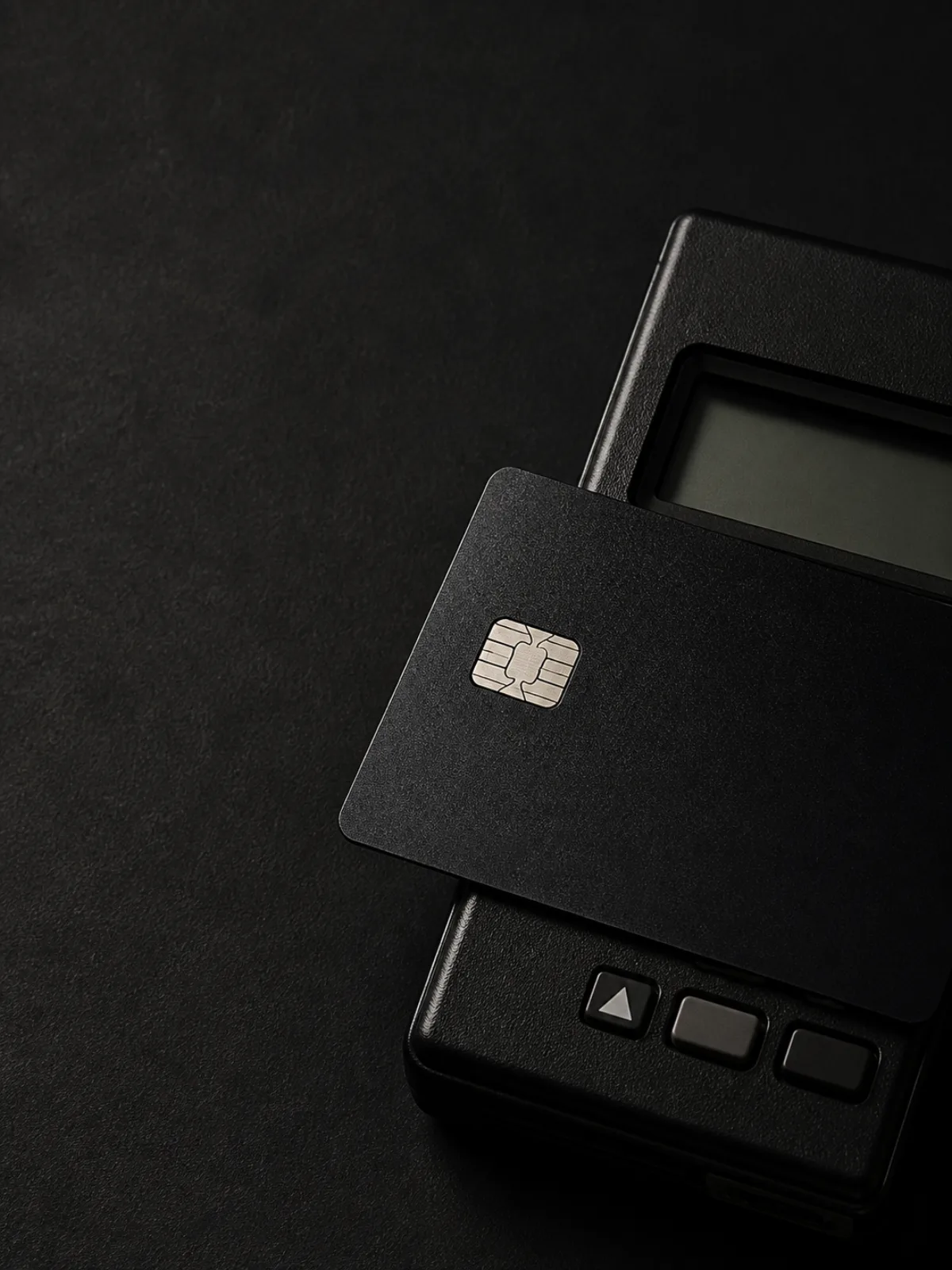 Editorial illustration of a black smart card resting on a dark handheld electronic wallet