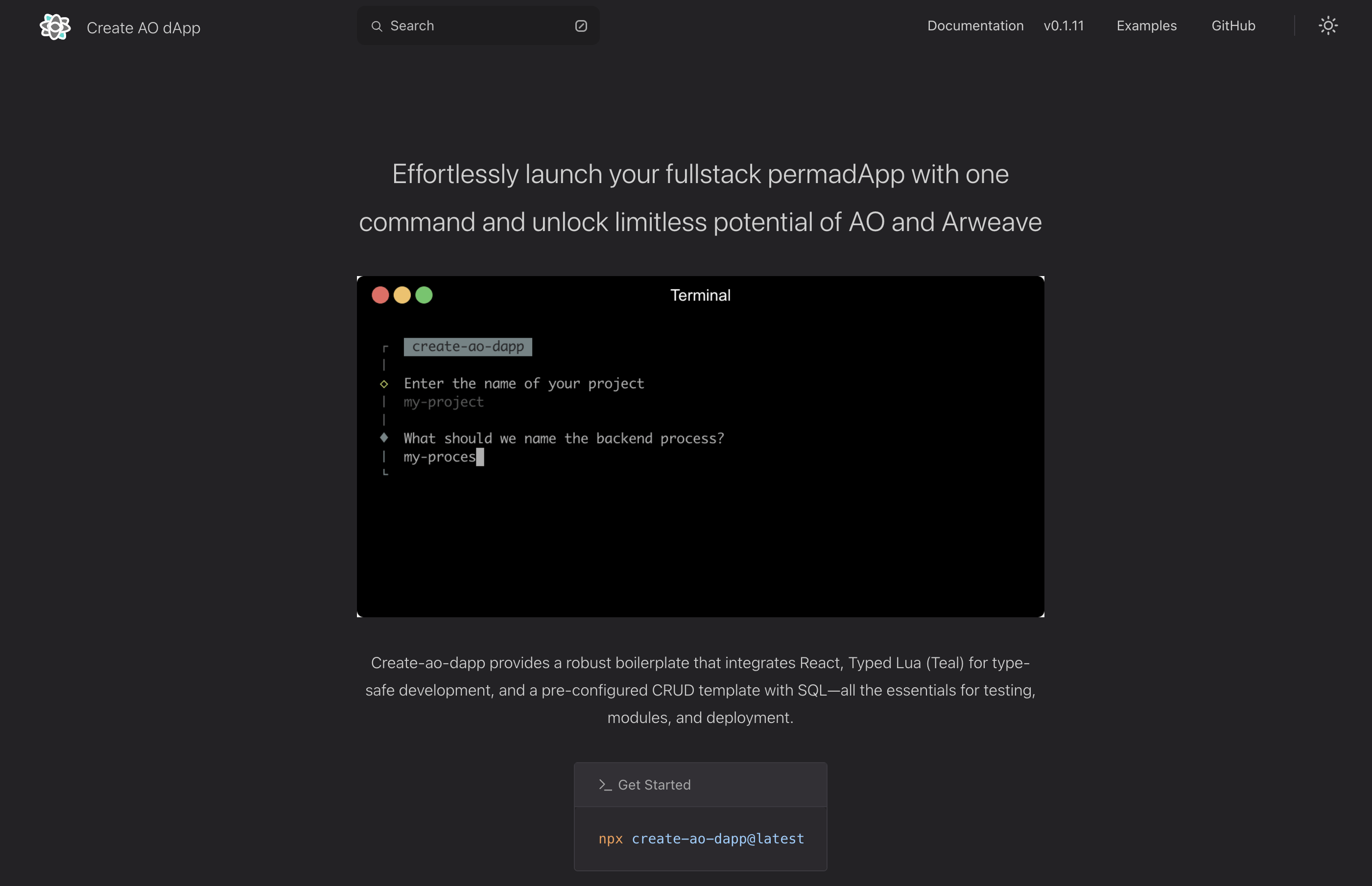 create-ao-dapp website and command-line documentation