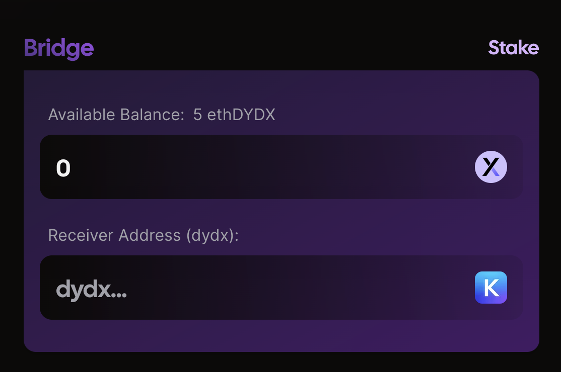 dYdX token bridge interface