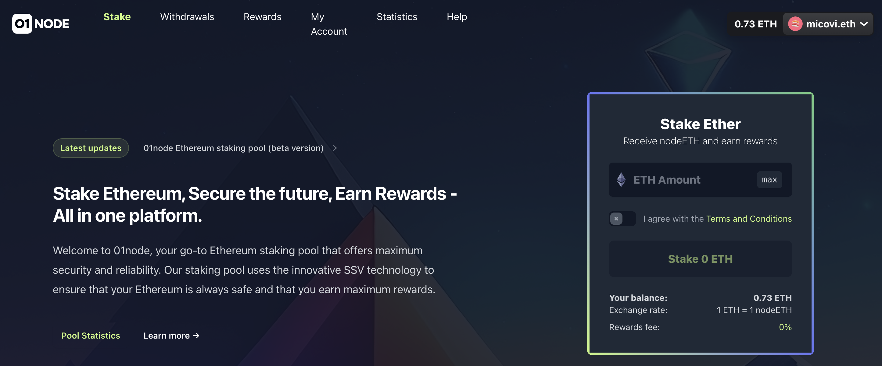 01Node Ethereum staking platform interface